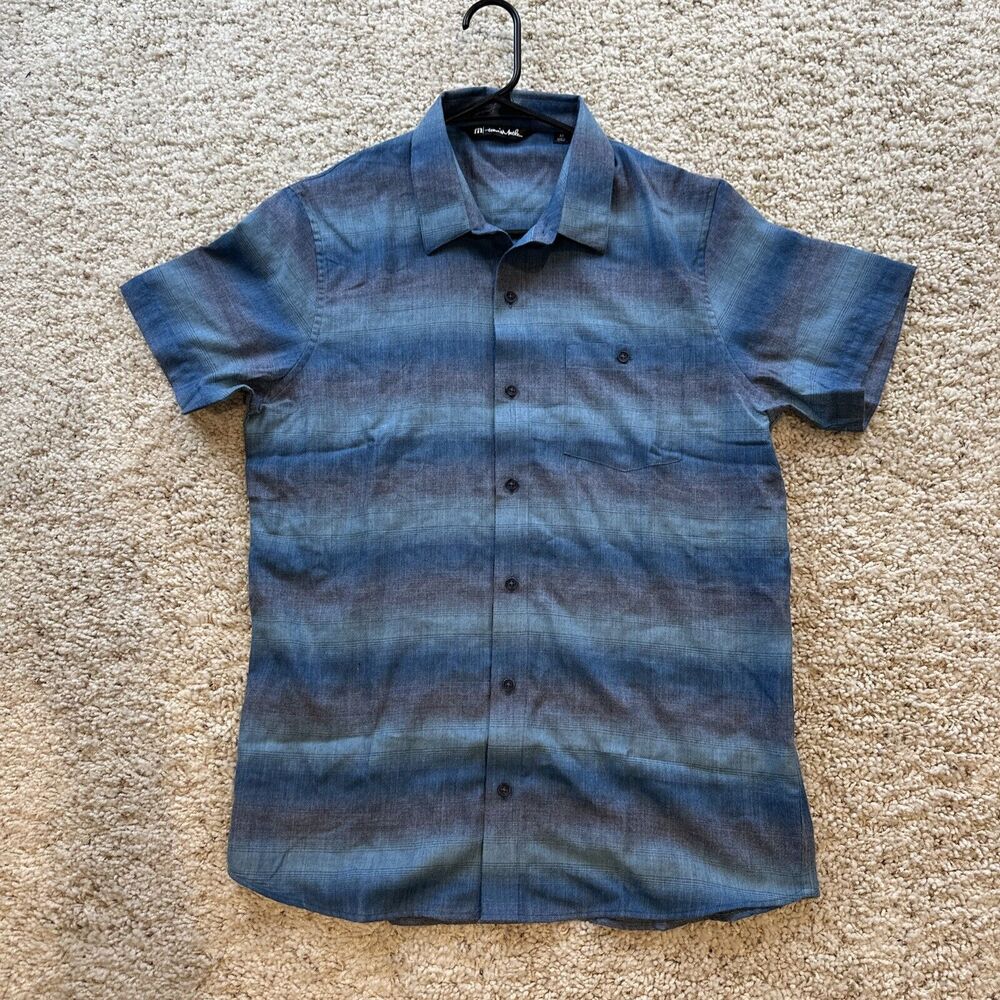 Travis Mathew‎ Shirt Mens Size M Blue Green Button Up Short Sleeve Pocket